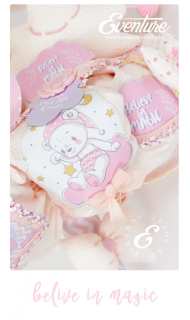 Lumanare botez pentru fetite cu ursuleti roz si norisori pufosi, 65x4 cm, Dream big little girl  1